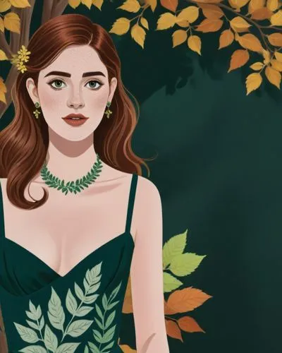 a woman is in front of a tree and leaves,background ivy,birch tree illustration,margaery,ceremonials,green dress,ivy