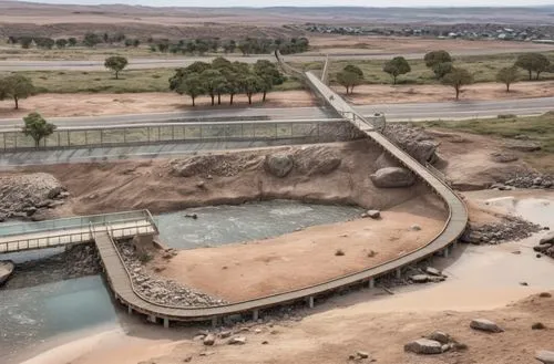 GLASS BRIDGE WITH RAIL   AND PLATFORM,aerial view of a paved road and water,wastewater treatment,drazi,geothermal energy,asarco,wastewater,hydropower,codelco,feedwater,kariz,infraestructura,water reso