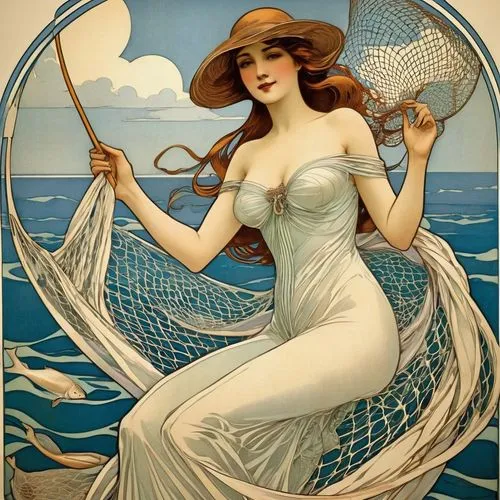 amphitrite,the sea maid,mucha,nereid,sirene,undine,art nouveau frame,sirena,mauretania,siren,ariadne,melusine,chromolithography,yachtswoman,art deco woman,vintage illustration,minton,rusalka,nouveau,nereids,Illustration,Retro,Retro 08