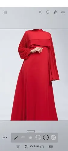 3d fashion drawing of women red  long maxi red abaya fashion Muslim hijab with the pelisee and a lot of pleats on   sleeves pleated sleeves and elastic on the hand of the sleeves abaya with elastic sl