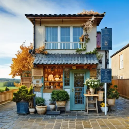 a store that has potted plants outside in front of it,provence,traditional house,miniature house,beautiful home,exterior decoration,hameau