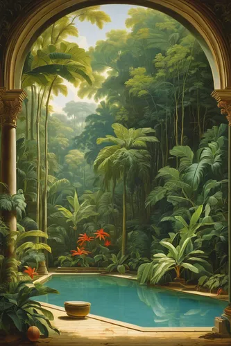 robert duncanson,tropical house,tropical jungle,garden of eden,conservatory,tropical island,secret garden of venus,palm house,rainforest,home landscape,tropics,exotic plants,botanical frame,royal palms,gardens,palm garden,oasis,rain forest,winter garden,garden of plants,Art,Classical Oil Painting,Classical Oil Painting 33