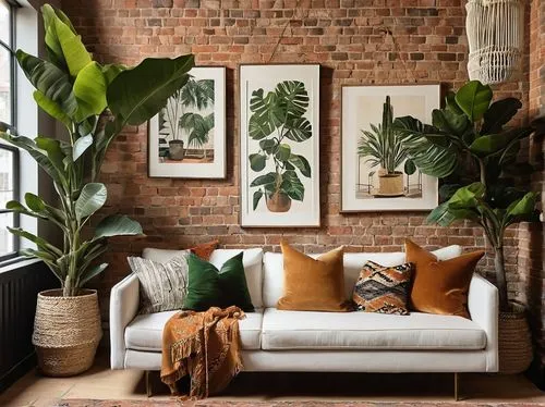 Modern bohemian interior, industrial chic, exposed brick wall, reclaimed wood floor, minimalist furniture, Moroccan inspired tiles, macrame plant hanger, woven basket, fiddle leaf fig tree, abstract a