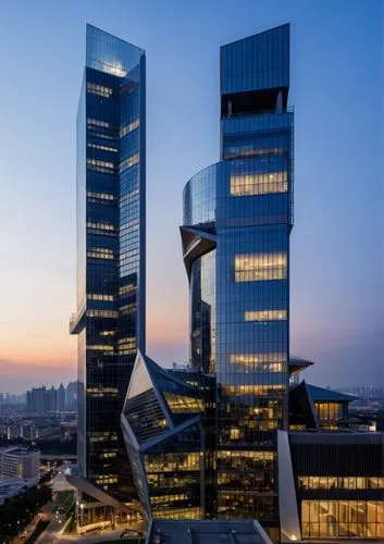 COMMERCIAL BUILDING TOWER, GLASS FACADE, FRONT OF TOWER WATER BODY, CITY CENTER ,two tall buildings with lights on top of it,azrieli,morphosis,costanera center,escala,songdo,international towers,Photo