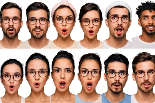 Various faces, diverse skin tones, unique facial structures, expressive eyes, nose shapes, lip forms, hairstyles, beards, mustaches, accessories like glasses, hats, headbands, emotional expressions, l