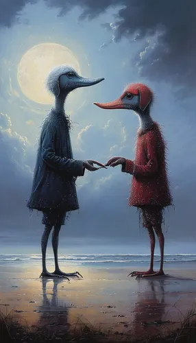 bird couple,courtship,flightless bird,surrealism,romantic scene,whimsical animals,conversation,birds with heart,hold hands,love bird,romantic meeting,into each other,companionship,flamingo couple,dispute,romance,handing love,romantic portrait,companion,heart in hand,Conceptual Art,Fantasy,Fantasy 29