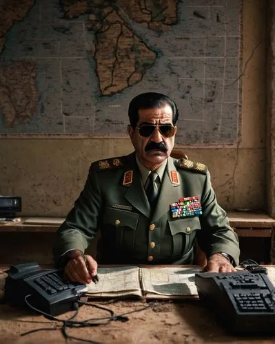 Saddam Hussein, Iraq president, military uniform, sunglasses, mustache, serious facial expression, underground bunker, concrete walls, dim lighting, old computers, wires, maps on the wall, wooden tabl