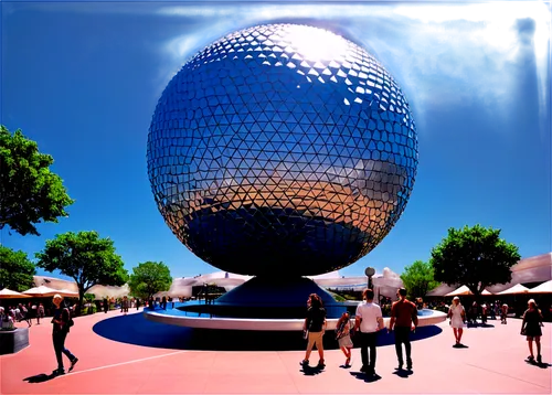 EPCOT, futuristic architecture, spherical building, reflective surfaces, metallic materials, vibrant colors, daytime, clear sky, sun shining down, people walking in distance, 3/4 composition, wide-ang