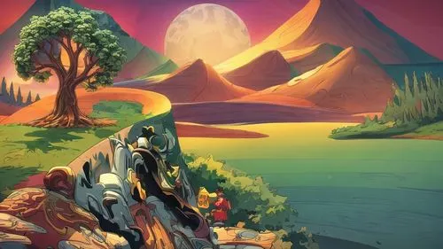 fantasy landscape,druid grove,mushroom landscape,mountain world,backgrounds,valley of the moon,mountain plateau,game illustration,mountainous landforms,an island far away landscape,guards of the canyo