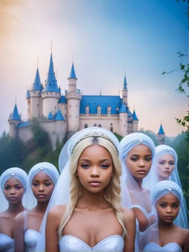 A number of Northern European blonde, beautiful fairies gather around the fairytale castle in their blurry white veils.,ororo,mayhle,porcelain dolls,beautiful african american women,lachapelle,barbies