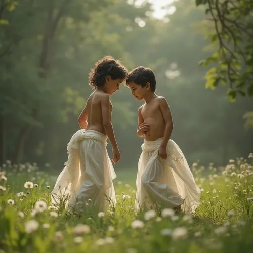 two children dressed up walking in the grass,girl and boy outdoor,vintage boy and girl,happy children playing in the forest,little boy and girl,tenderness,boy and girl,Photography,General,Realistic