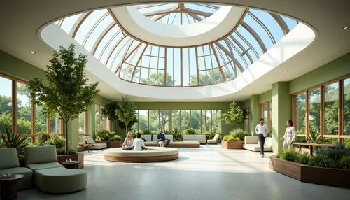 \Soothing hospital interior, abundant natural light, large windows, skylights, green walls, living plants, calming colors, minimalist decor, modern architecture, curved lines, warm wood accents, comfo