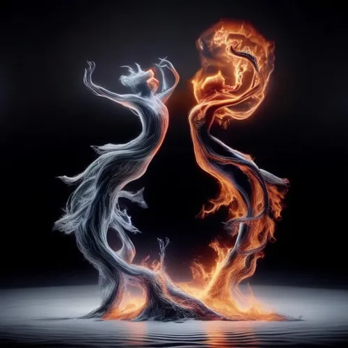 two large fire flames rising out of the body of a figure,dancing flames,fire dance,fire artist,fire dancer,firedancer,flame spirit