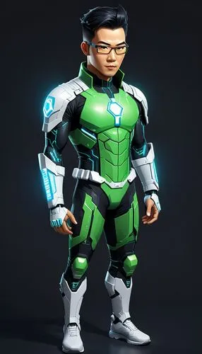 green lantern,steel man,3d man,cartoon ninja,green skin,avenger hulk hero,3d model,mini e,patrol,male character,engineer,actionfigure,alien warrior,hon khoi,high-visibility clothing,wei,3d rendered,xiangwei,biologist,cyber glasses,Unique,3D,Isometric