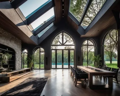 glass roof,sunroom,beautiful home,great room,luxury home interior,vaulted ceiling,forest chapel,skylights,wooden beams,clerestory,archness,conservatory,structural glass,folding roof,loft,interior modern design,pool house,wooden roof,glass window,interior design,Illustration,Realistic Fantasy,Realistic Fantasy 46