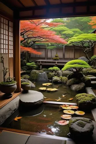 japanese-style room,koi pond,japanese zen garden,ryokan,zen garden,ryokans,japan garden,japanese restaurant,japanese garden,garden pond,japanese garden ornament,tea ceremony,onsen,teahouse,kyoto,sake gardens,dojo,fishpond,katsura,zen,Illustration,Paper based,Paper Based 14