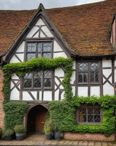 Tudor-style building, architectural design, Burton upon Trent, Staffordshire, England, UK, medieval-inspired, half-timbered facade, white render walls, steeply pitched roof, multiple chimneys, lead-pa