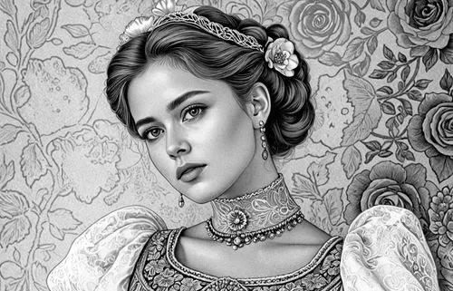 A highly detailed portrait of a young woman with an almost lifelike appearance, her head tilted slightly, with soft, contemplative eyes gazing indirectly at the viewer. She is adorned in an ornate, go