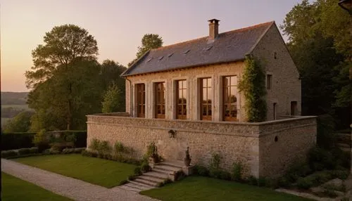 a house with stone walls and some trees and plants,maison,manoir,chateau margaux,grandmaison,hameau,house hevelius,Photography,General,Cinematic