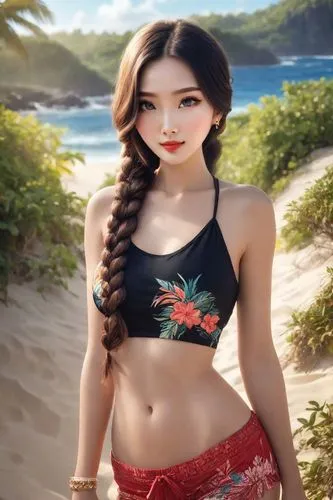 realistic rich colors, tropical forest, early morning, ocean, blue sky, tropical island, very beautiful charming woman in a beautiful red top decorated with jewelry, in beautiful swimming trunks decor