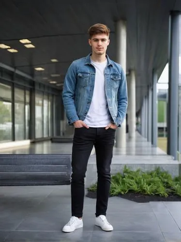 Architectural diploma, building design, Holmesglen Institute, mature male student, 25-30yo, casual clothes, denim jacket, white shirt, black jeans, sneakers, holding a large portfolio, standing in fro