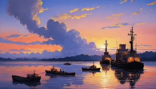 fishing boats,harbor cranes,harbor,old ships,vietnam,boat landscape,shipwreck,sea landscape,boats,fishermen,ship traffic jam,sea sailing ship,sailboats,harbour,fishing village,port cranes,seascape,eastern harbour,shrimp boat,fishing trawler,Illustration,Japanese style,Japanese Style 17