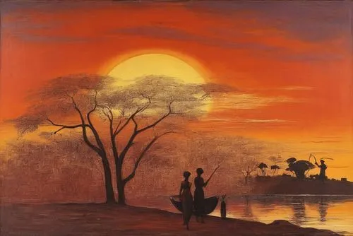 sunset in africa,khokhloma painting,fishermen,romantic scene,oil painting on canvas,aivazovsky,oil painting,night scene,kumbh,oil on canvas,hunting scene,indigenous painting,landscape with sea,kupala,