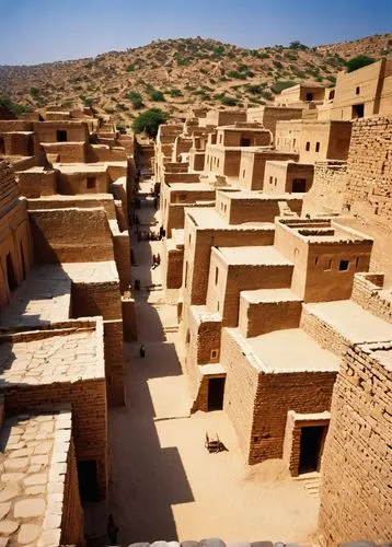 Ancient Harappan city, mud-brick buildings, intricate drainage systems, narrow alleys, stepped wells, granaries, temples, citadel, fortified walls, watchtowers, baked bricks, clay roofs, wooden doors,