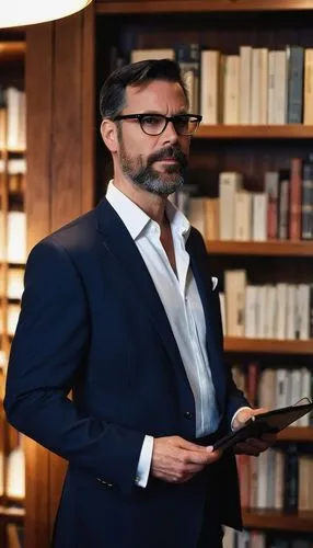 Modern architect, middle-aged man, glasses, short black hair, beard, white shirt, dark blue suit, holding tablet, standing in front of a large wooden bookshelf, filled with architectural books and mag