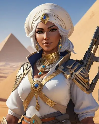 Ana Amari, Overwatch, sniper, solo, (50yo), beautiful detailed eyes, gentle smile, white hair, grandmotherly makeup, traditional Egyptian clothing, intricate patterns, golden accessories, ornate headp