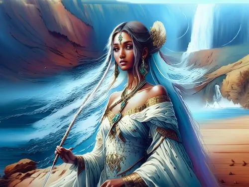 a beautiful lady nude cross  sit watching out a waterfall,the princess is on the rocks in front of a waterfall,inanna,azura,arundhati,asherah,mervat,asenath,Illustration,Realistic Fantasy,Realistic Fa