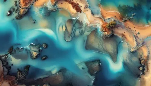 a painting of an abstract water and land scene,water glace,ice landscape,underwater landscape,hydrothermal,seafloor,marbleized,Illustration,Realistic Fantasy,Realistic Fantasy 15