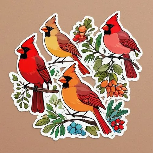 a vector art of a cardinal bird illustration stickers, vivid colors, colorful, pastel cute colors, Light Pure background,christmas stickers,birds on a branch,bird robins,robins in a winter garden,card