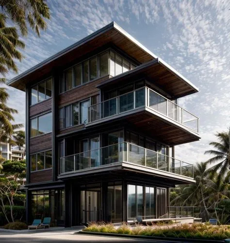 a large, tall house that's located in the middle of palm trees,dunes house,modern architecture,modern house,cubic house,florida home,beach house