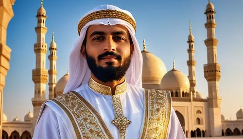 Arabian prince, Alif-Lãm-Mĩm, handsome, majestic beard, white thawb, golden embroidery, luxurious fabrics, intricately designed patterns, ornate chest armor, regal posture, standing, grand mosque, int