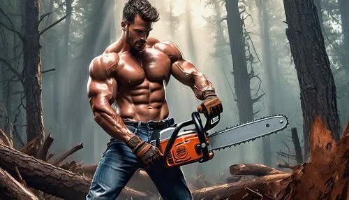 Muscular man, chainsaw, powerful pose, rugged facial expression, intense eyes, strong jawline, short messy brown hair, sweat dripping down face, worn leather gloves, ripped jeans, heavy boots, rusty c