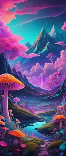 mushroom landscape,futuristic landscape,fantasy landscape,mushroom island,alien world,fairy world,cartoon video game background,acid lake,alien planet,panoramical,purple landscape,an island far away landscape,art background,landscape background,3d fantasy,fairy village,volcanic landscape,lagoon,fantasy picture,cloud mushroom,Illustration,Retro,Retro 11