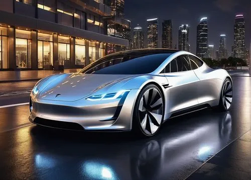 Tesla 48V electric car, futuristic architecture, sleek metal body, silver coating, gull-wing doors, LED headlights, carbon fiber hood, 20-inch alloy wheels, low-profile tires, luxurious black leather 