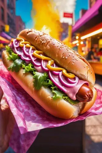 A pepto-colored hot dog, steaming bun, relish and mustard details, sesame seeds, shiny surface, vertical composition, close-up shot, bright colorful background, sunny day, outdoor food cart, city stre