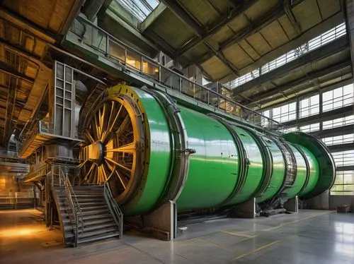 Modern LHB (Large Hadron Collider Building) architecture, futuristic, Geneva, Switzerland, brutalist concrete structure, complex geometric shapes, massive size, sleek metallic details, vibrant green s