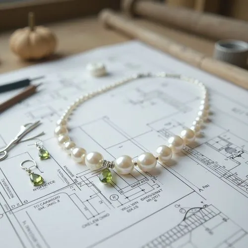 Photography style, a jewelry craftsman's worktable with a few beautiful baroque pearls, small peridot gemstones, professional jewelry tools, and several pieces of silver jewelry with baroque-shaped pe