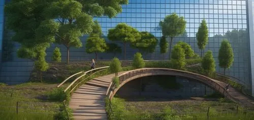 people bridge with trees and vegetation,a 3d illustration of a person climbing steps on the hillside,virtual landscape,skybridge,songdo,arcology,climbing garden,tunnel of plants,Photography,General,Re