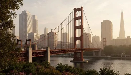 Vibrant steel bridges, urban cityscape, misty morning fog, warm golden lighting, rusted metal textures, industrial architecture, geometric shapes, modern suspension design, cable-stayed structures, ri