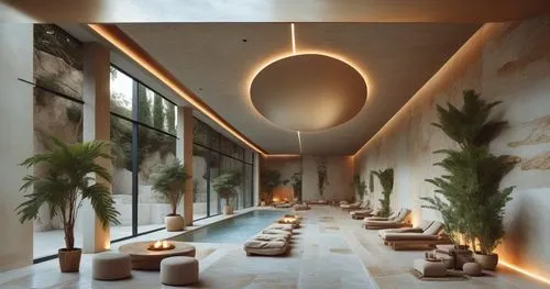 The interior of the spa is designed in the style of Alvaro Siza, with tall columns and a large swimming pool surrounded by limestone walls. There is a forest outside the window. The rock wall behind i