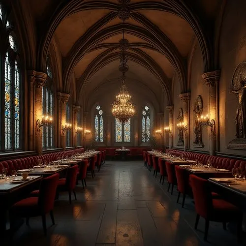 Gothic restaurant interior, luxurious ambiance, sand-textured stone walls, dark wooden floors, high ceilings with vaulted arches, grand chandeliers, ornate metalwork, stained glass windows, intricate 