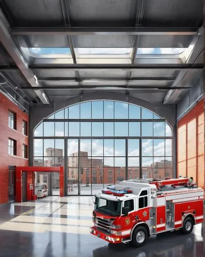 Fire Station, modern architecture, red brick walls, glass doors, stainless steel handles, alarm lights on roof, satellite dish, fire truck garage, large windows for natural light, industrial interior 