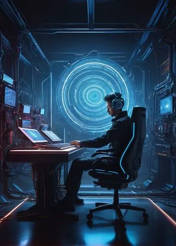 man with a computer,computer room,sci fiction illustration,cg artwork,sci fi surgery room,cyberpunk,ufo interior,cyberspace,computer art,computer,cyber,computer desk,engineer,game illustration,computer workstation,scifi,futuristic,night administrator,barebone computer,digital compositing,Photography,Artistic Photography,Artistic Photography 06