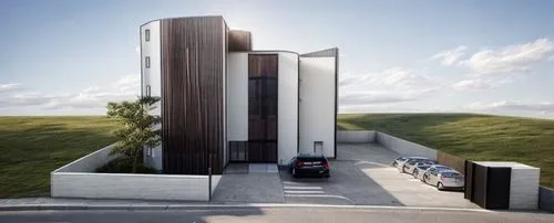 fenced modern home building with parking for cars,multi storey car park,sewage treatment plant,modern architecture,elevators,archidaily,concrete plant,rotary elevator,dunes house,metal cladding,3d ren