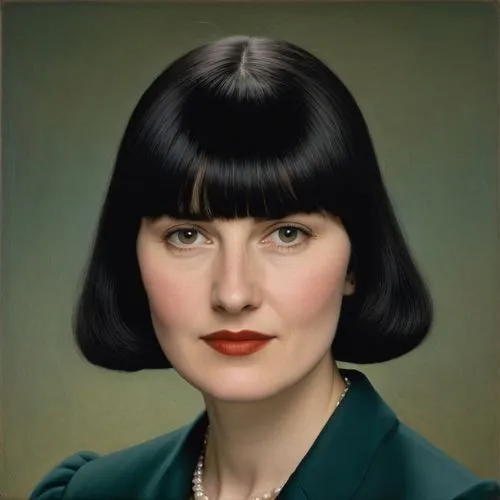 caucasian woman with bangs and long black hair dressed in formal wear ,a painting of a woman wearing green, with black hair and dark bangs,portrait of christi,official portrait,vintage female portrait