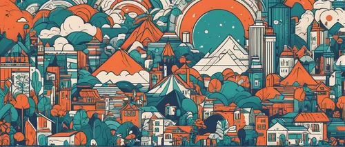 cartoon forest,oktoberfest background,fantasy city,mountain settlement,fairy village,colorful city,escher village,vintage wallpaper,knight village,mountain village,alpine village,airbnb logo,aurora village,roofs,wallpaper roll,detail shot,french digital background,gaudí,fairy tale icons,temples,Illustration,Vector,Vector 06